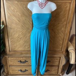 Turquoise strapless skinny leg jumpsuit